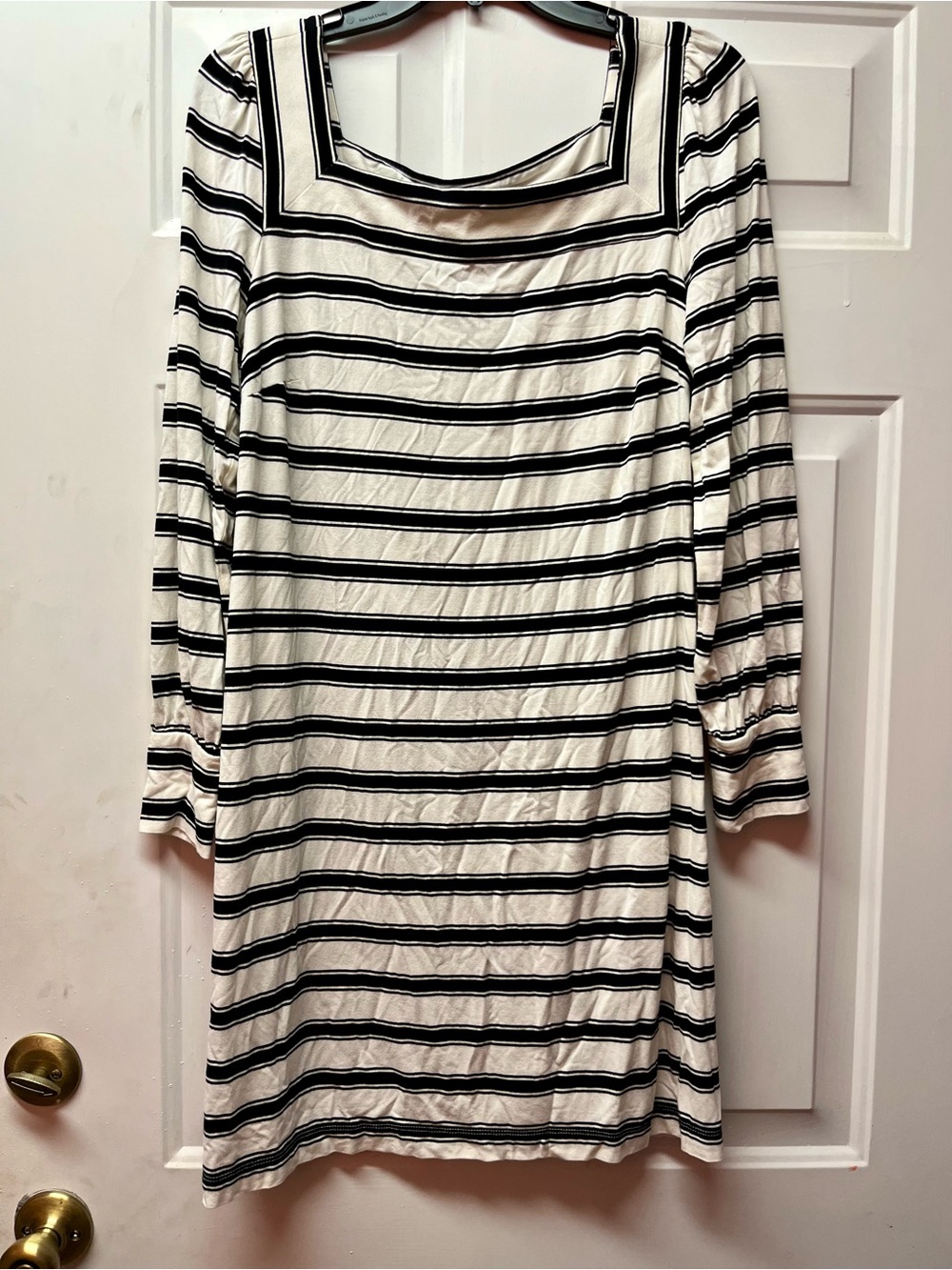 LOFT Black and White Striped Long Sleeve Square Neck Dress